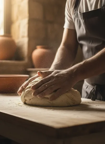 ידיים של אופה מכינות בצק באופן מסורתי